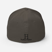 Back of Big Buck FlexFit Hat in Dark Grey, with black embroidery of FH logo.