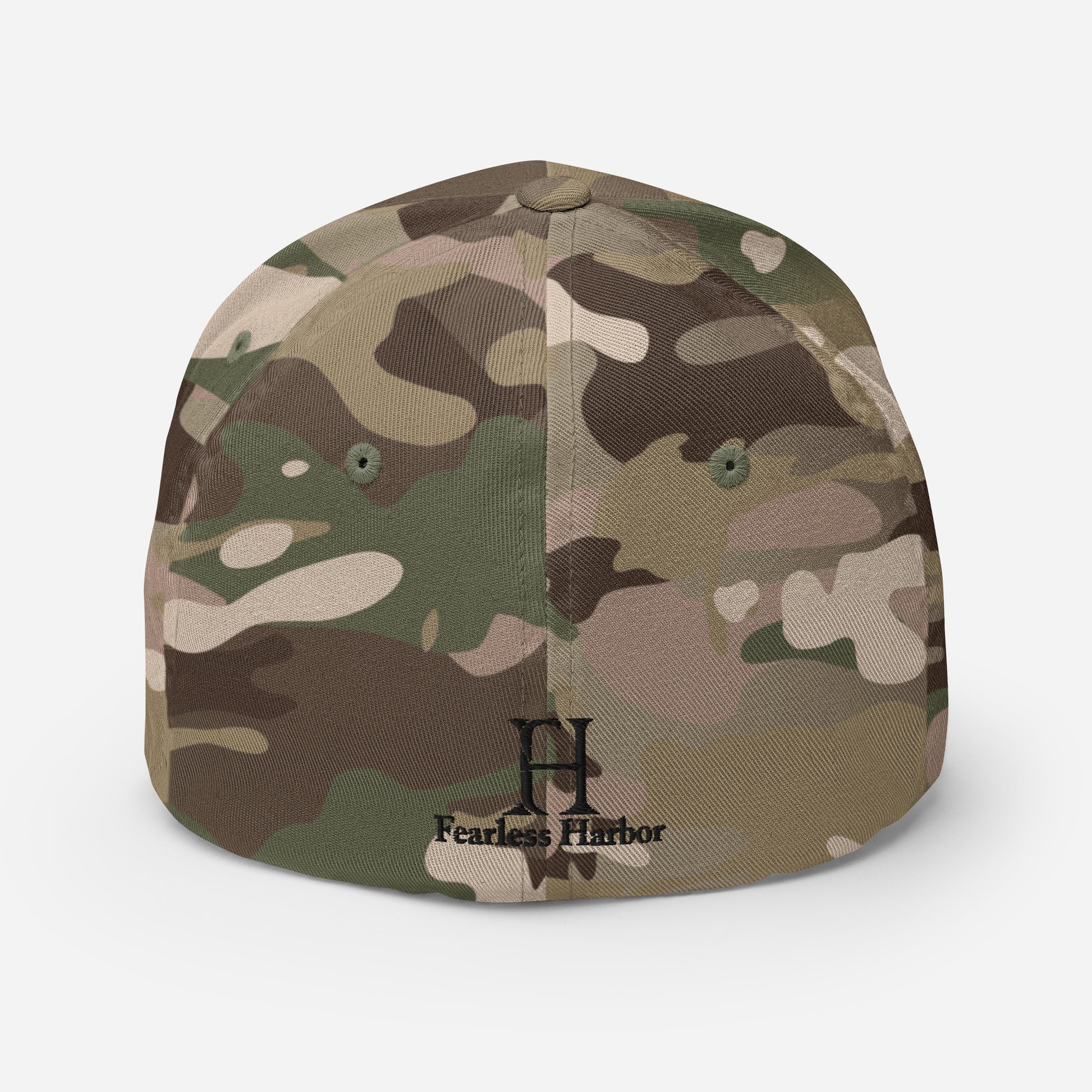 Back of Big Buck FlexFit Hat in Multicam Green, with black embroidery of FH logo.