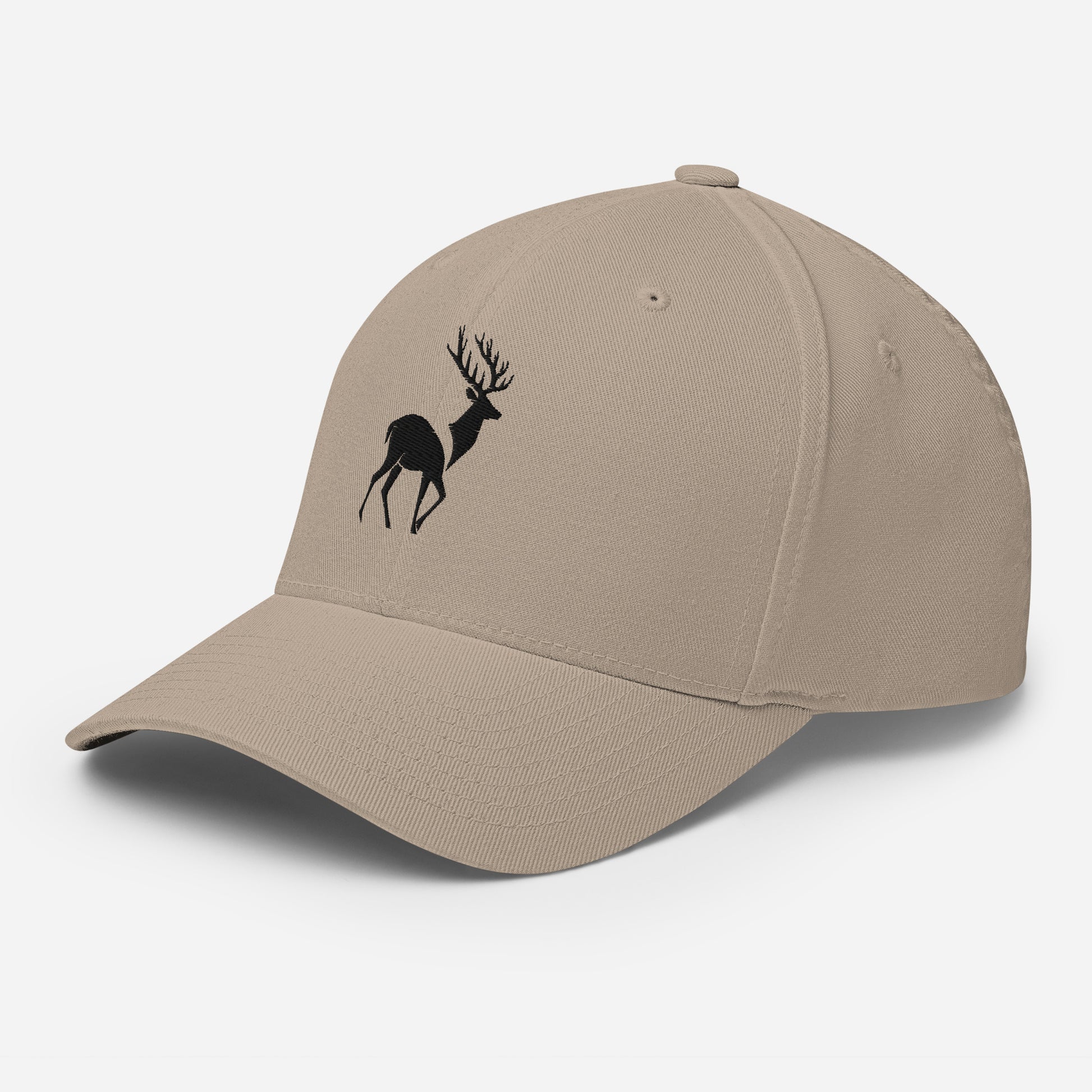 Left Front of Big Buck FlexFit Hat in Khaki, with black deer embroidery on front.