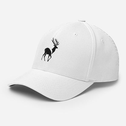 Left Front of Big Buck FlexFit Hat in White, with black deer embroidery on front.