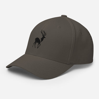 Left Front of Big Buck FlexFit Hat in Dark Grey, with black deer embroidery on front.