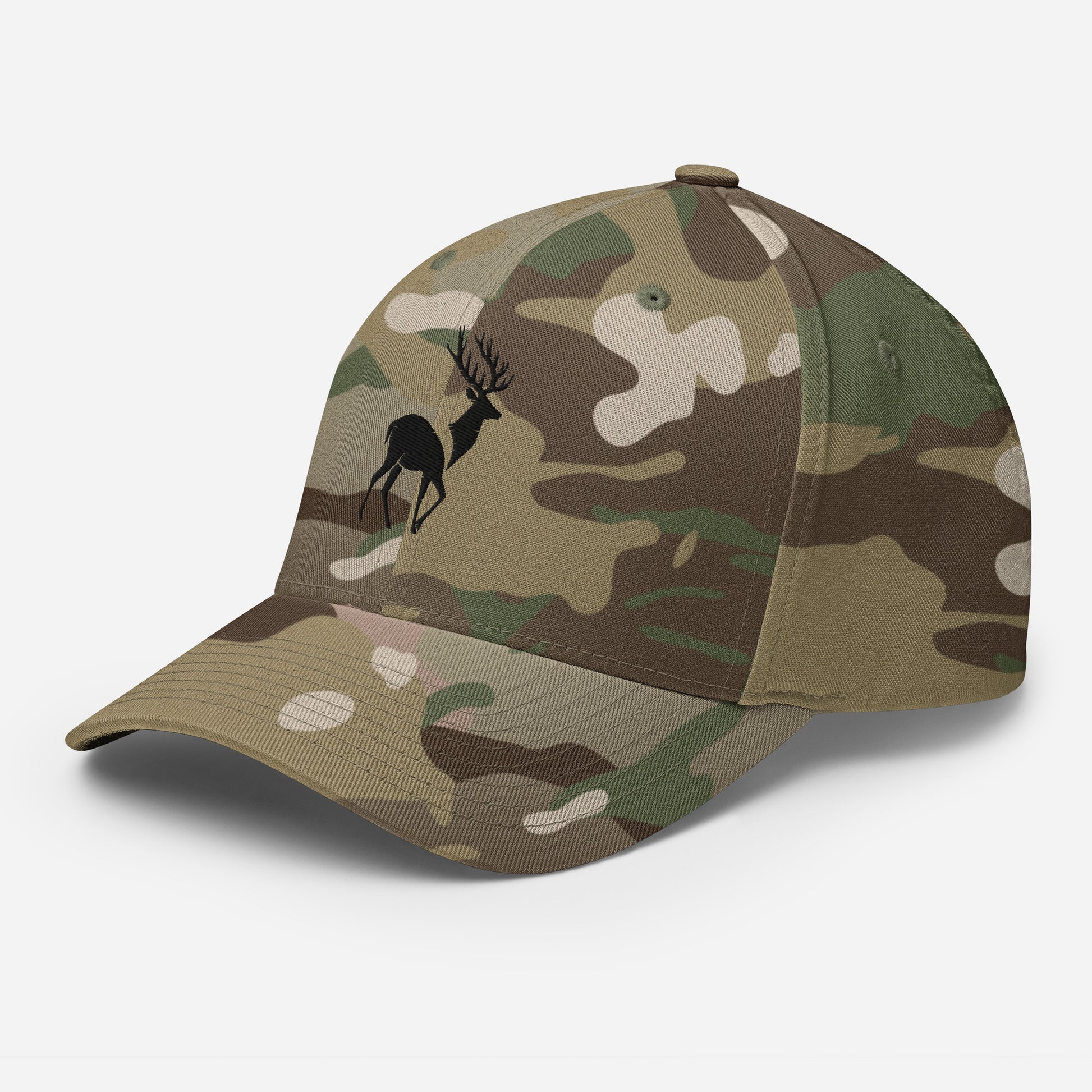 Left Front of Big Buck FlexFit Hat in Multicam Green, with black deer embroidery on front.