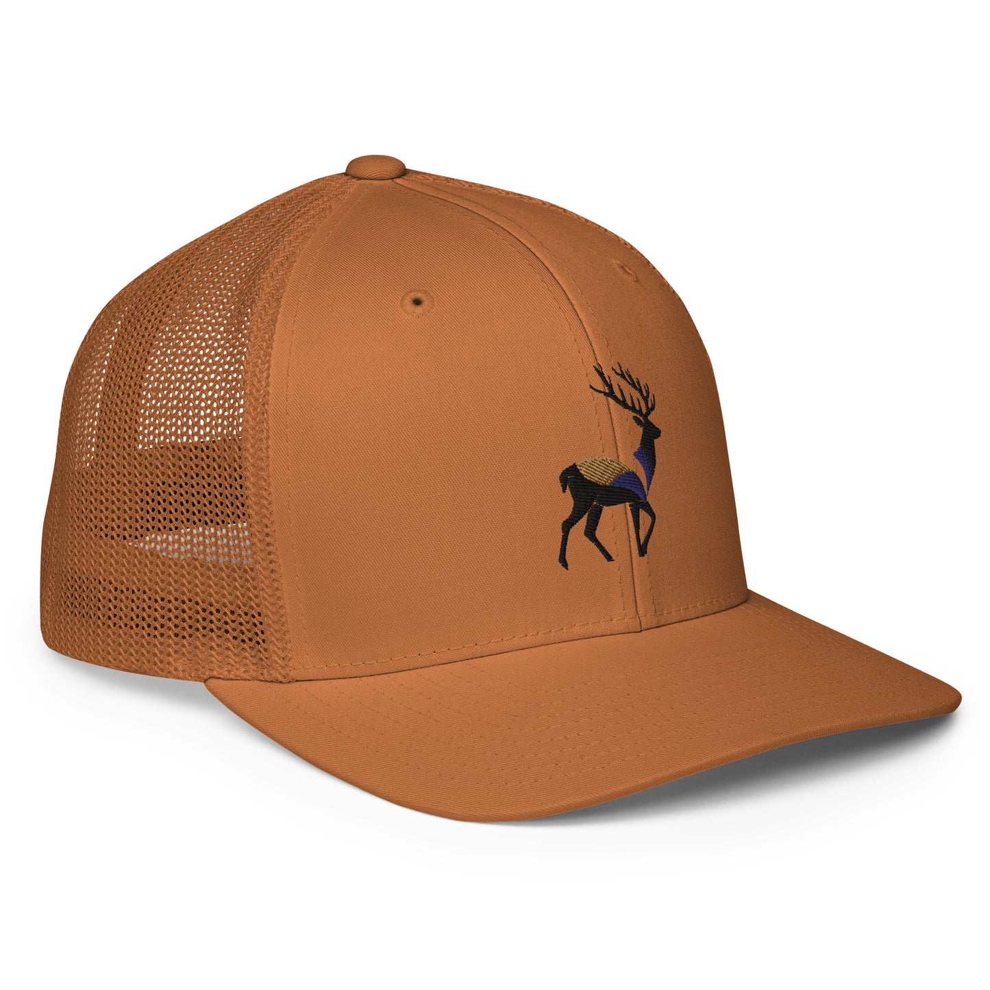 Right Front of Big Buck FlexFit Trucker Hat in Caramel, with deer embroidery on front.