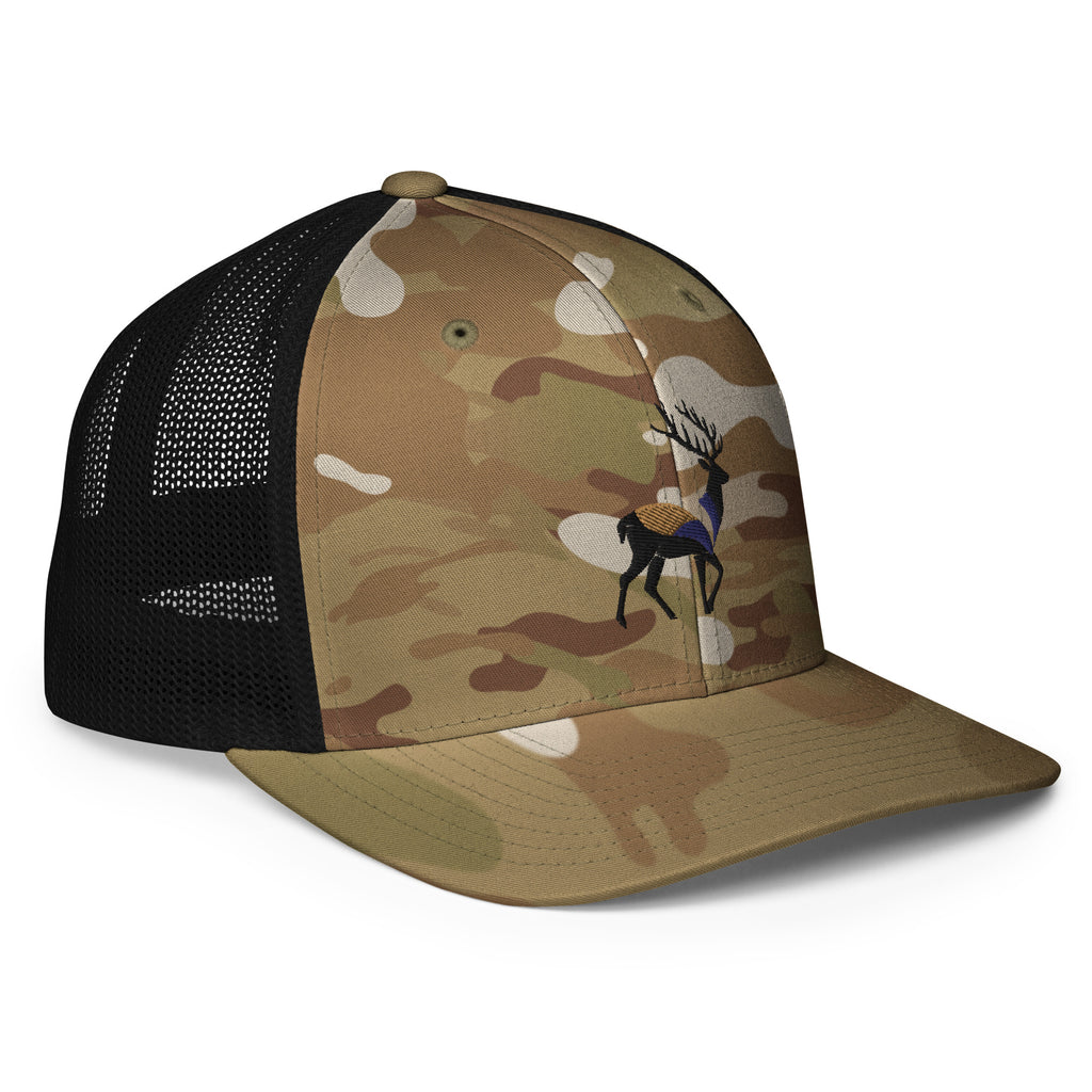 Right Front of Big Buck FlexFit Trucker Hat in Multicam Green, with deer embroidery on front.