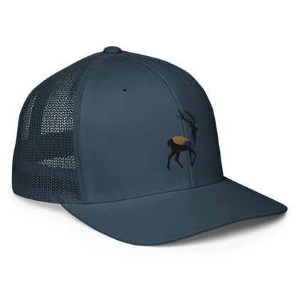 Right Front of Big Buck FlexFit Trucker Hat in Navy, with deer embroidery on front.