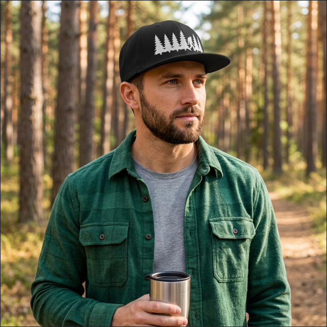 Black bigfoot hunting trucker hat worn outdoors in wooded terrain, sasquatch forest graphic headwear for backcountry and camp.