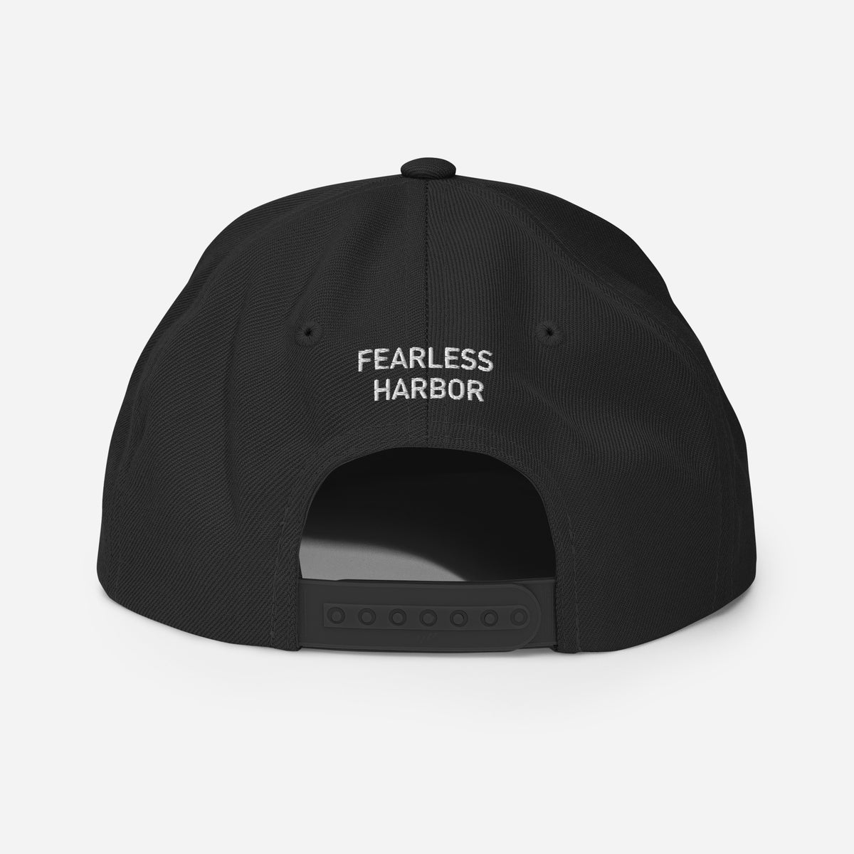 Back view of black trucker hat showing  adjustable snapback closure.