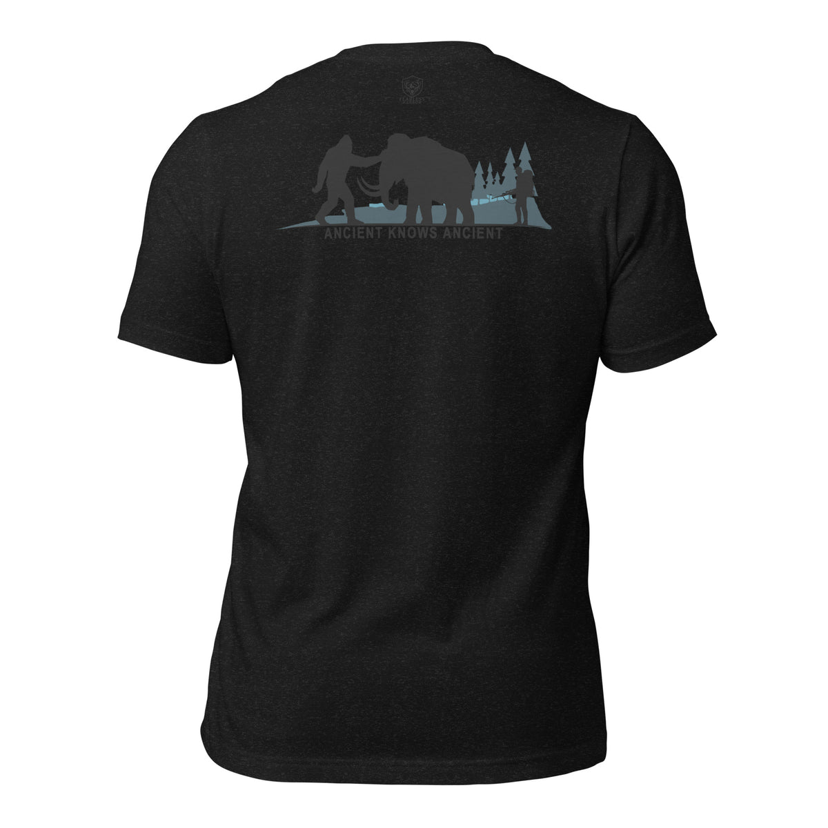 Men’s black heather prehistoric hunting shirt with mammoth hunter and Bigfoot Ancient Knows Ancient graphic