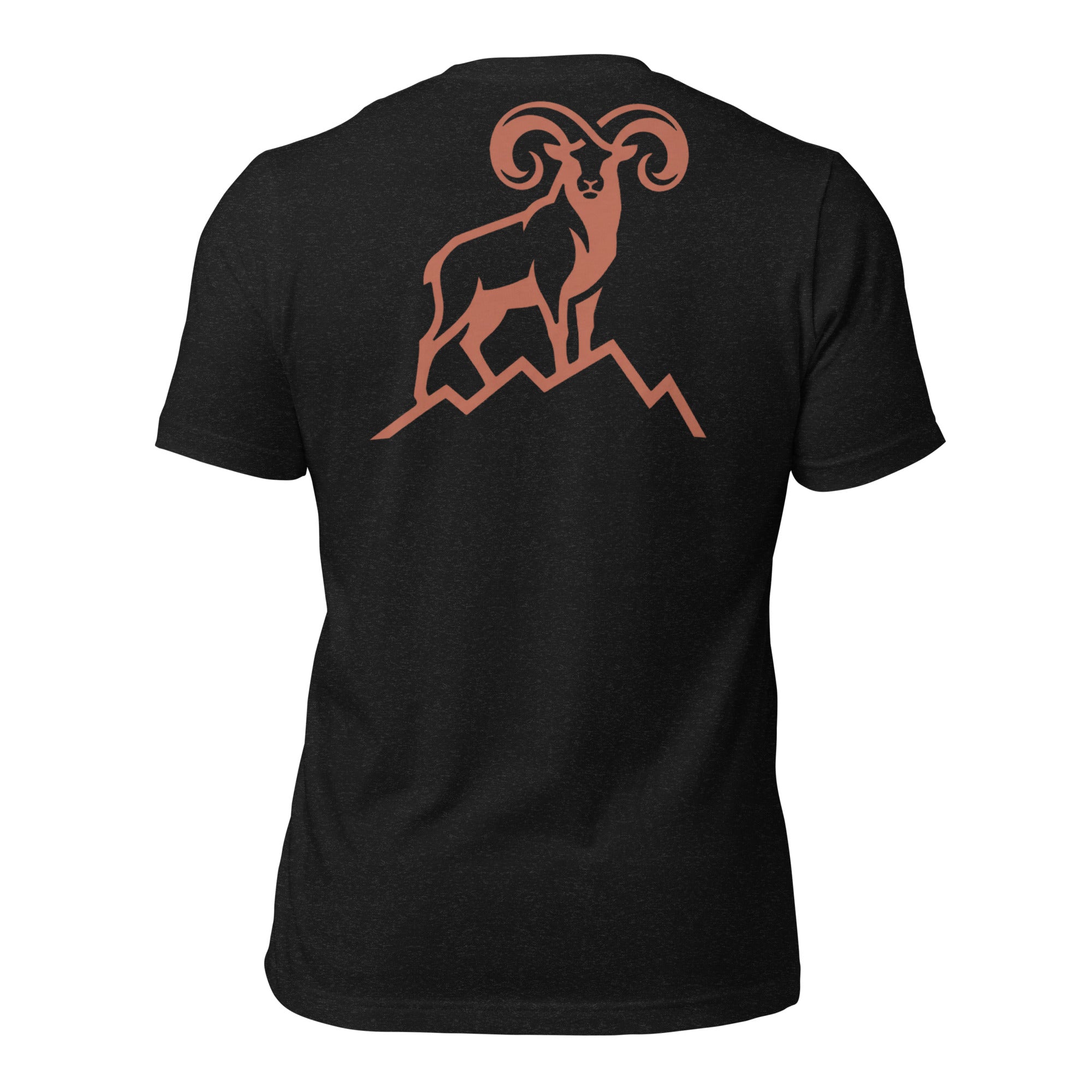Back view of men’s black heather graphic tee showing a bold bighorn sheep ram standing on a ridgeline.