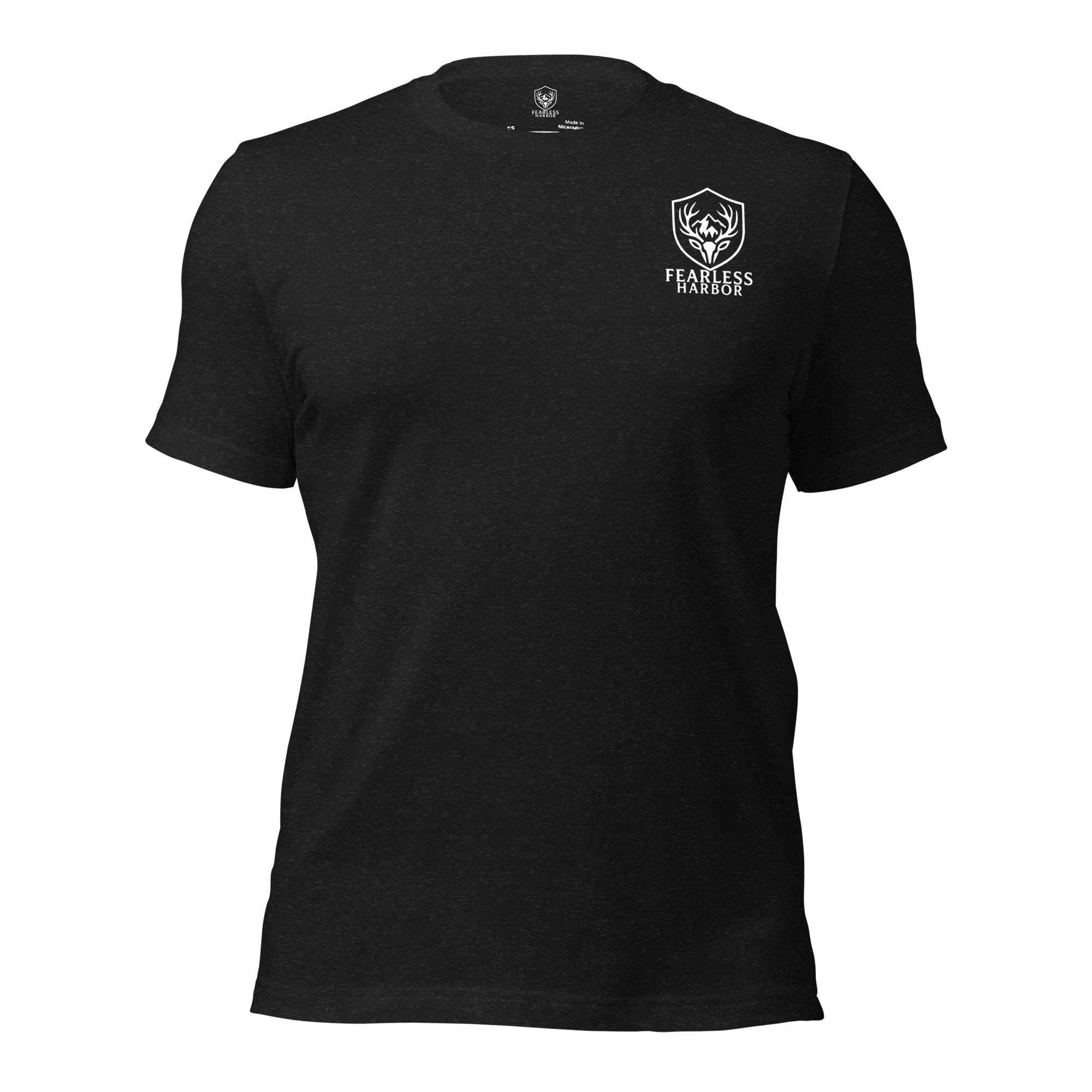 Front view of men’s black heather tee with the Fearless Harbor logo on the left chest in a rugged outdoor style.