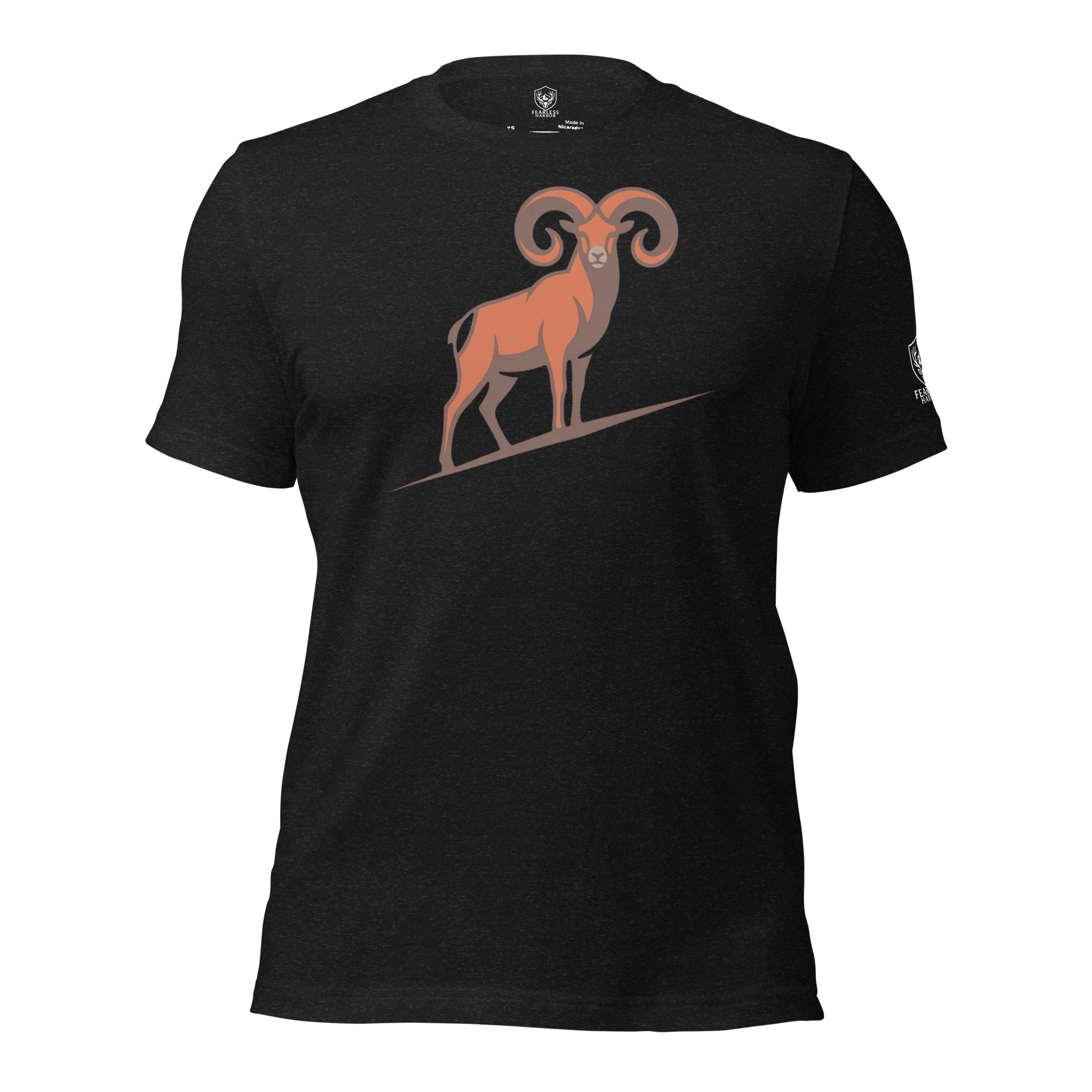 Front view of men’s black heather hunting graphic tee featuring a bighorn sheep ram with full curl horns standing on a ridge.