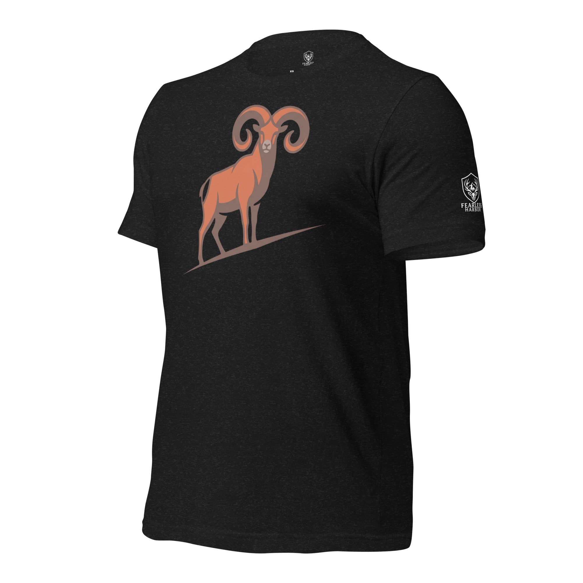 Front left angle of men’s black heather bighorn sheep shirt showing full curl ram graphic and clean core fit.