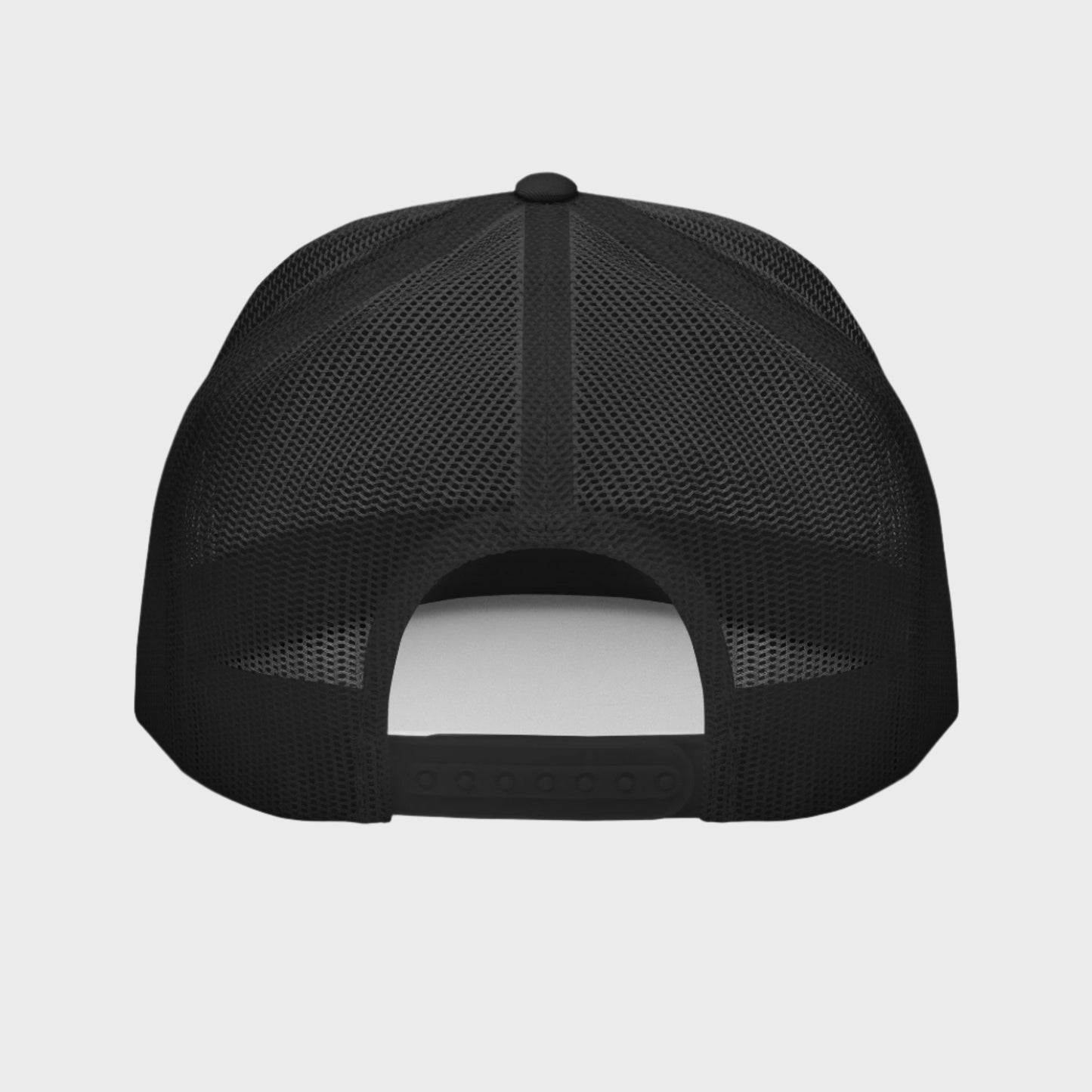 Back of Bold Snapback Hat in Black and White, with black snap enclosure and mesh.