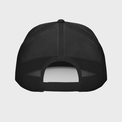 Back of Bold Snapback Hat in Black and White, with black snap enclosure and mesh.