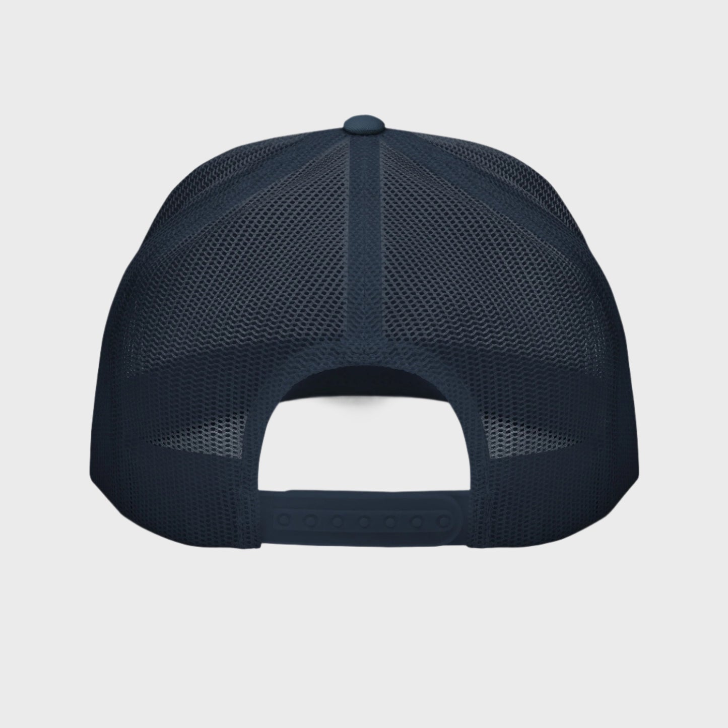 Back of Bold Snapback Hat in Navy and White, with navy snap enclosure and mesh.