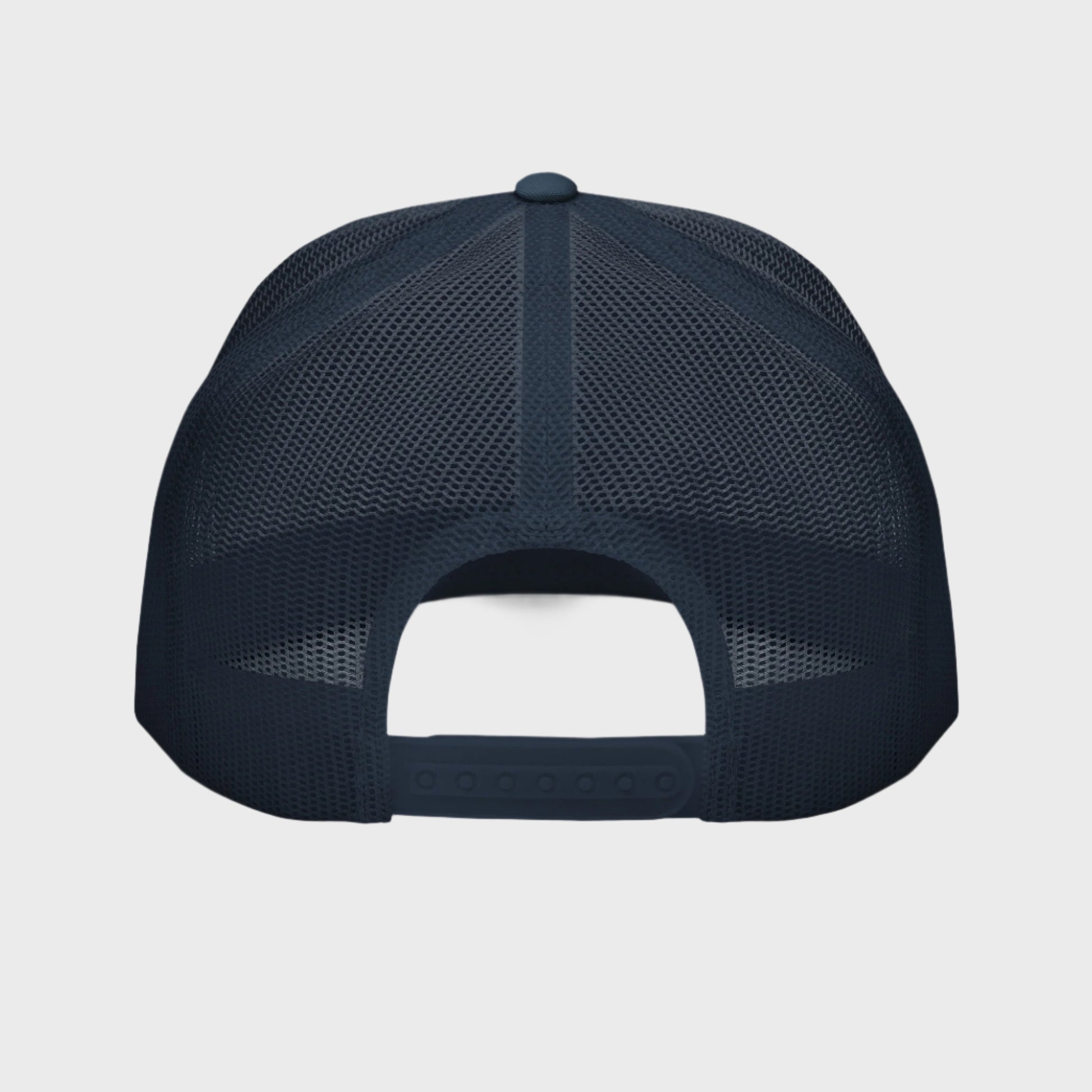 Back of Bold Snapback Hat in Navy and White, with navy snap enclosure and mesh.