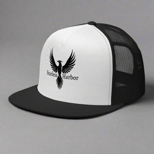 Left Front of Bold Snapback Hat in Black and White with black Phoenix on front and the words Fearless Harbor.