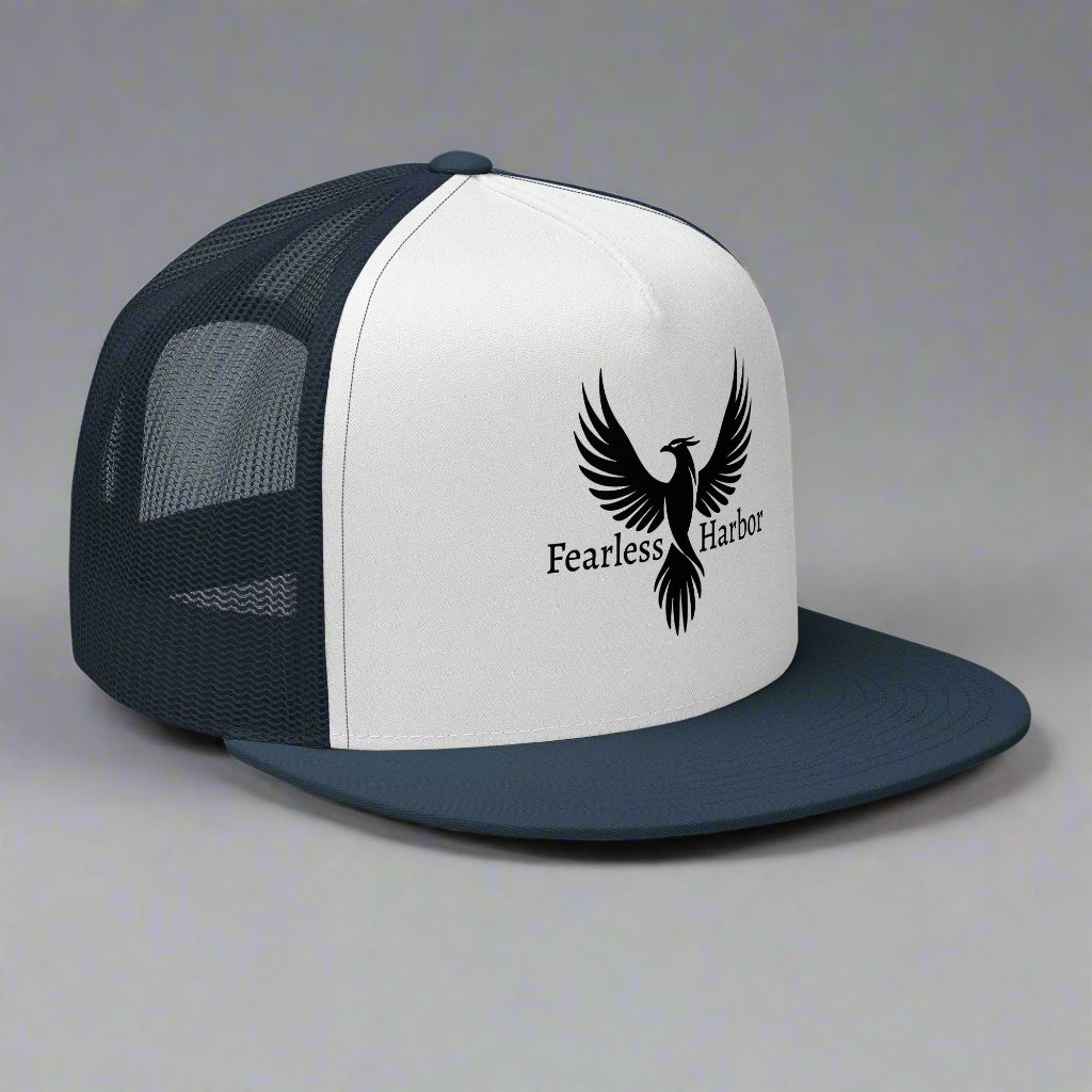 Right Front of Bold Snapback Hat in Navy and White with black Phoenix on front and the words Fearless Harbor.