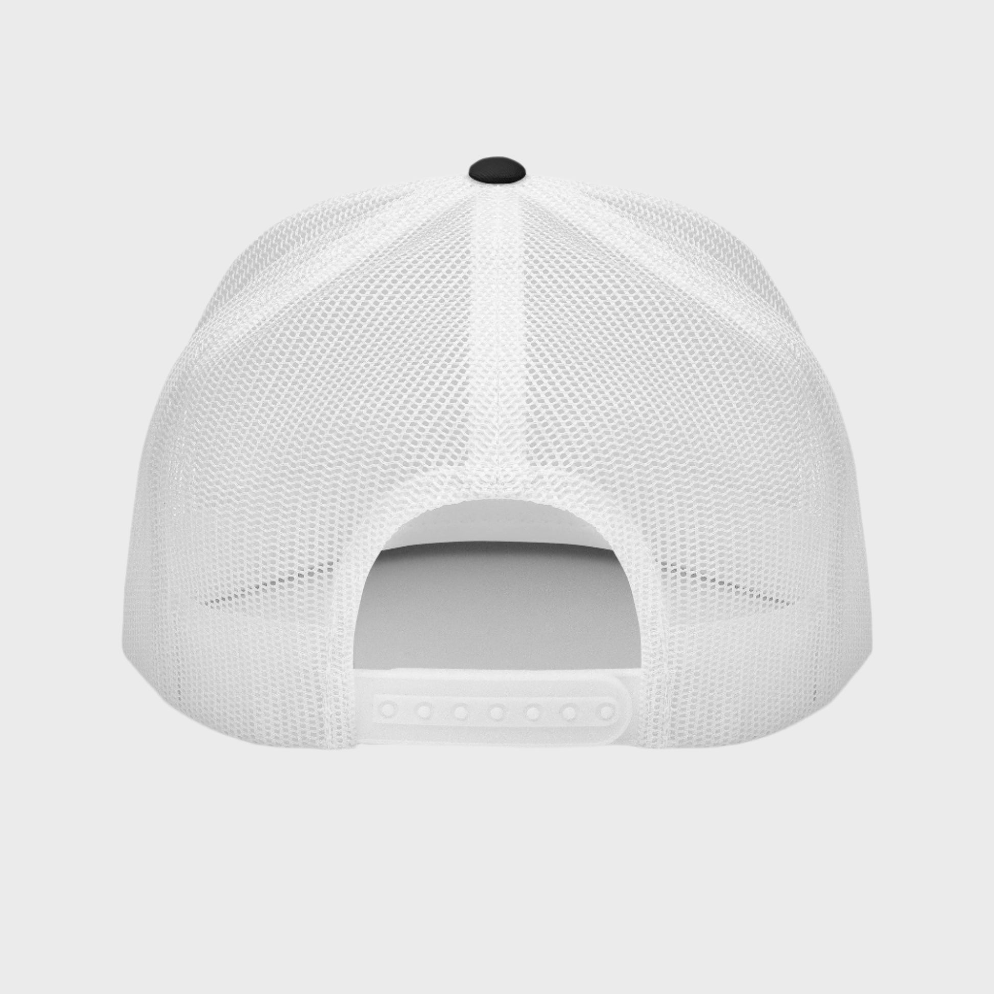 Back of Bold Skull Hat in Black and White, with white snap enclosure and mesh.