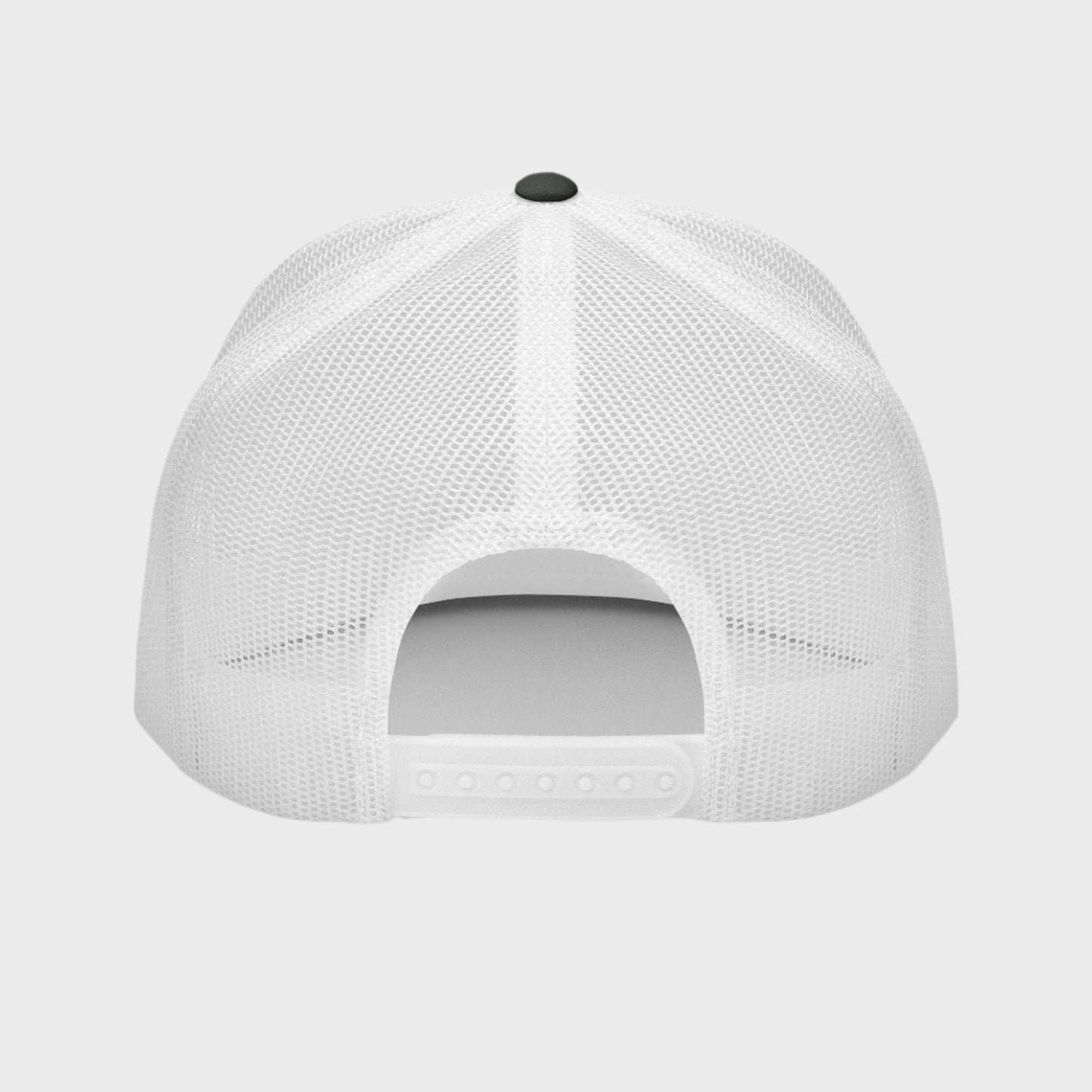 Back of Bold Skull Hat in Charcoal and White, with white snap enclosure and mesh.