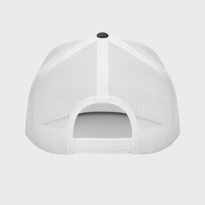 Back of Bold Skull Hat in Charcoal and White, with white snap enclosure and mesh.