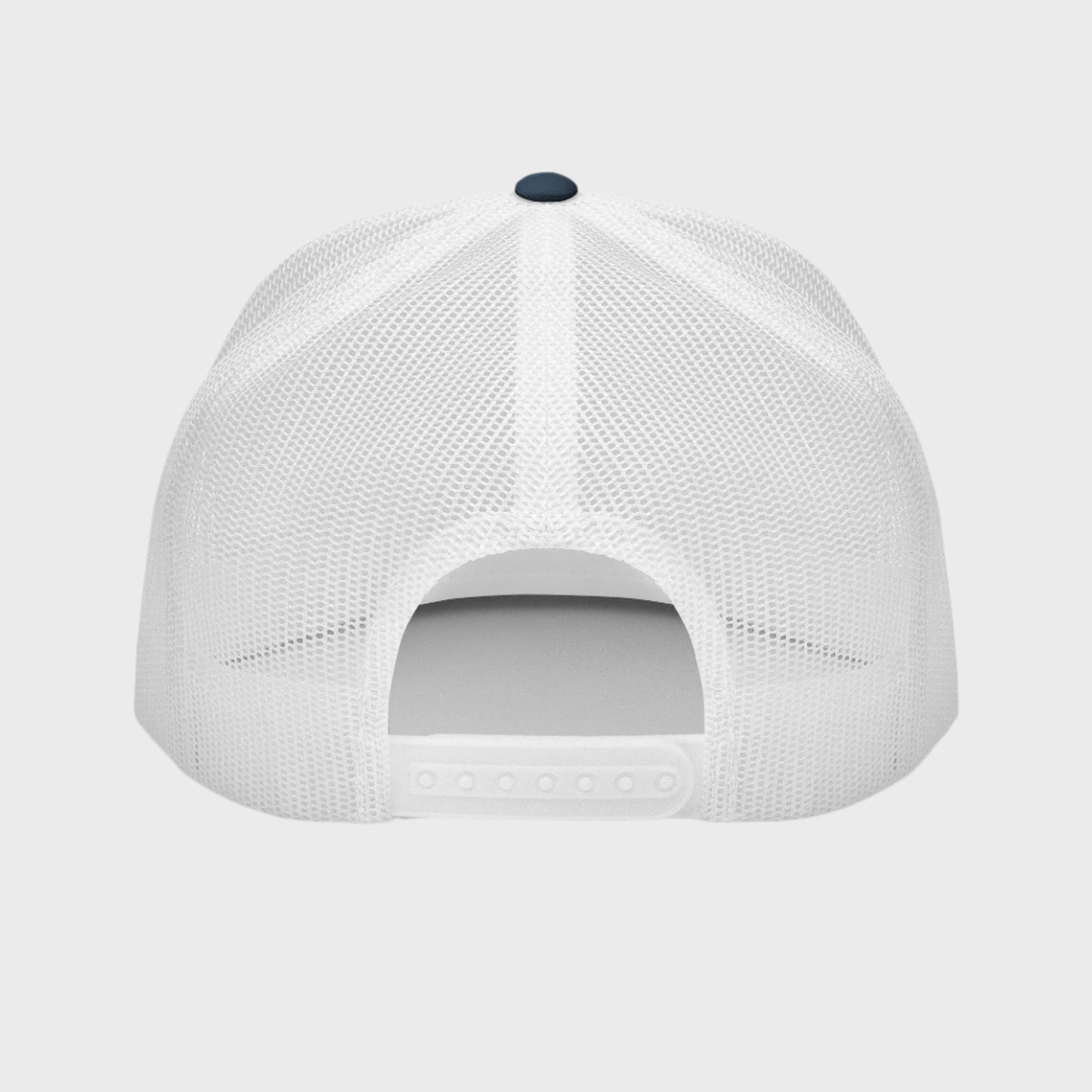 Back of Bold Skull Hat in Navy and White, with white snap enclosure and mesh.