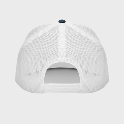 Back of Bold Skull Hat in Navy and White, with white snap enclosure and mesh.