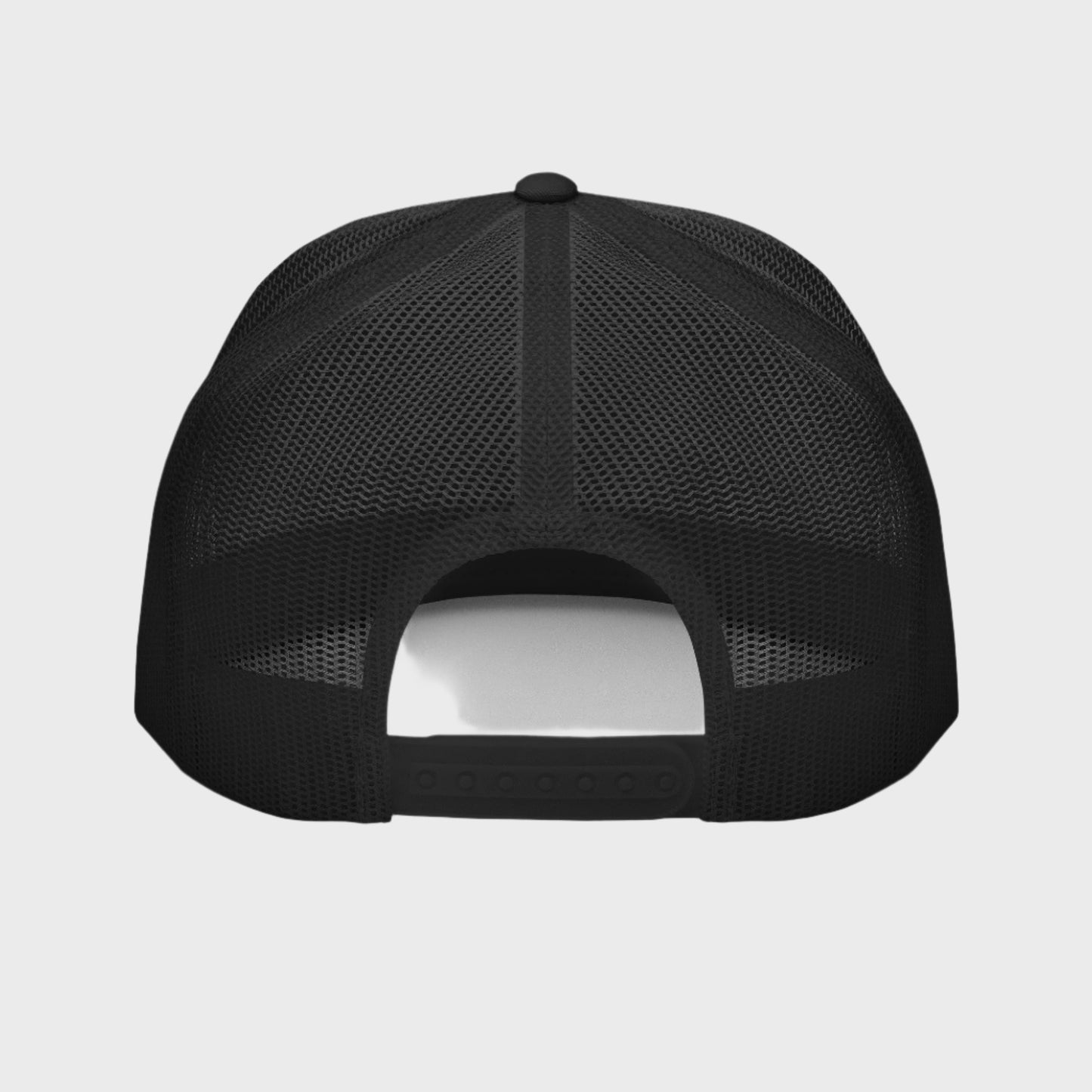 Back of Bold Skull Hat in White and Black, with black snap enclosure and mesh.