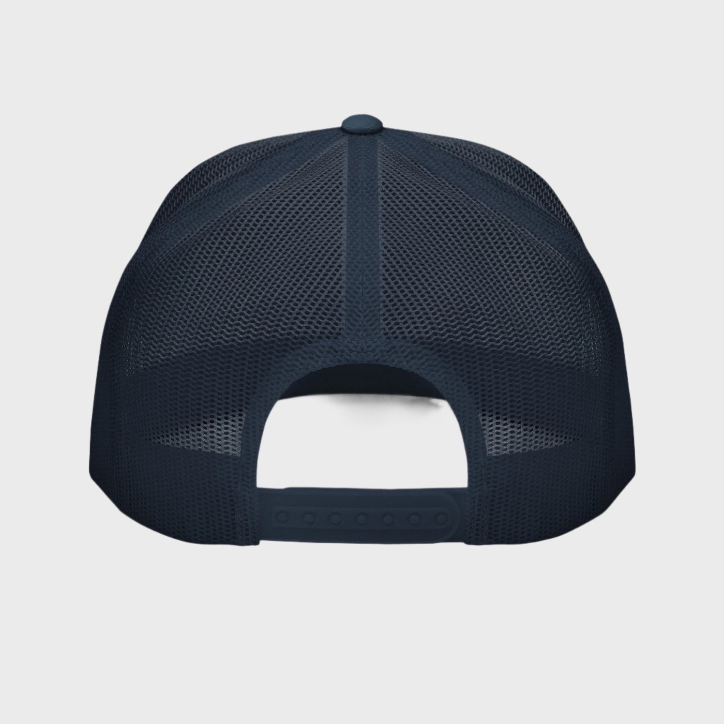 Back of Bold Skull Hat in Navy and White, with navy snap enclosure and mesh.