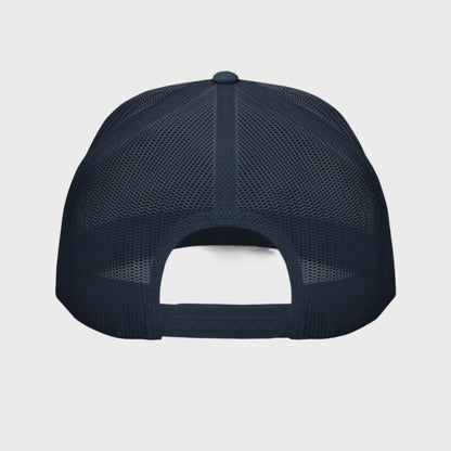 Back of Bold Skull Hat in Navy and White, with navy snap enclosure and mesh.