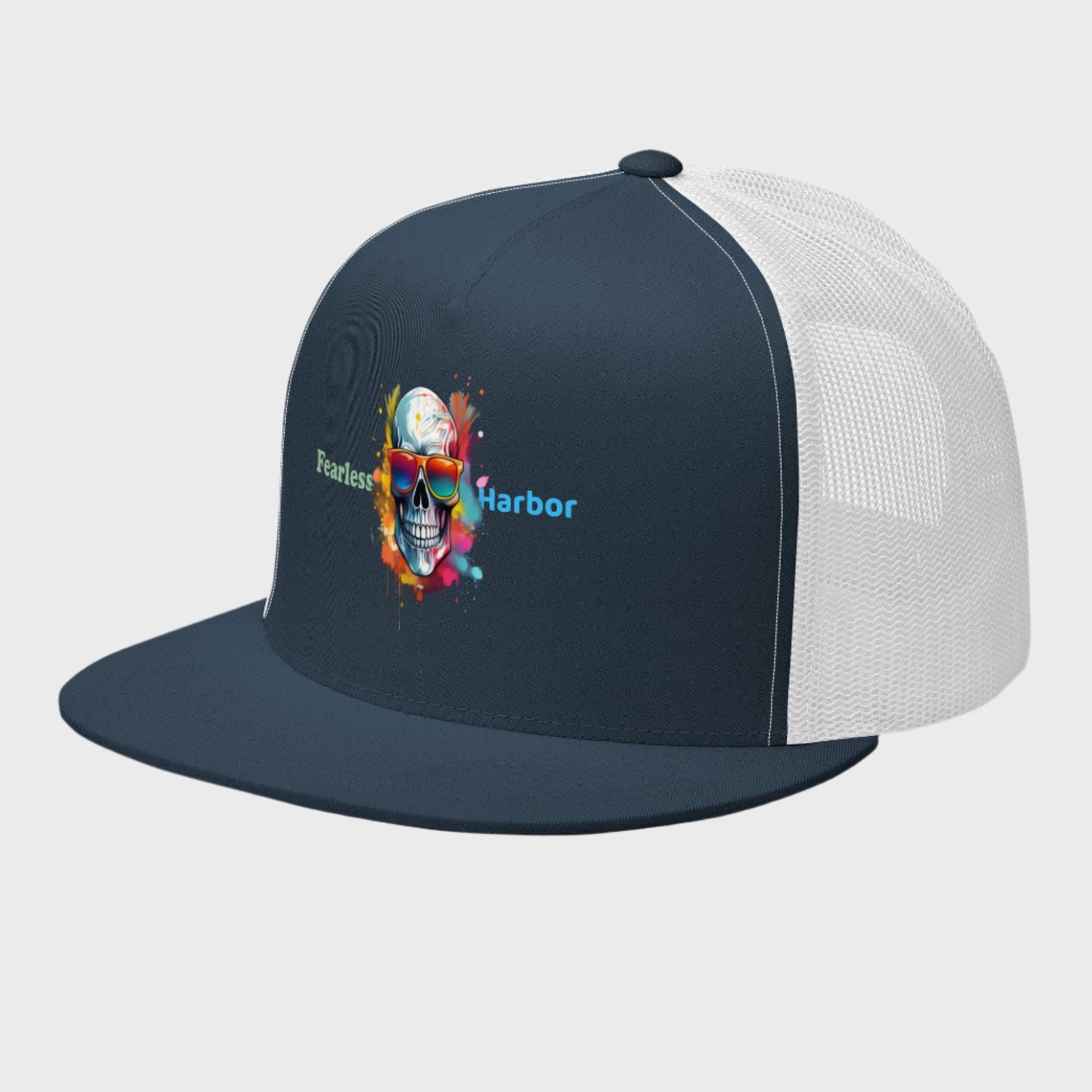 Left Front of Bold Skull Hat in Navy and White with cool skull wearing sunglasses on front and the words Fearless Harbor.