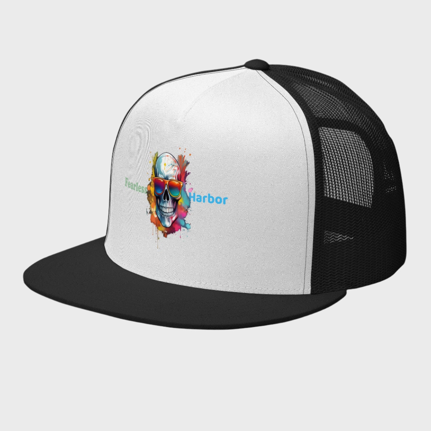 Left Front of Bold Skull Hat in White and Black with cool skull wearing sunglasses on front and the words Fearless Harbor.