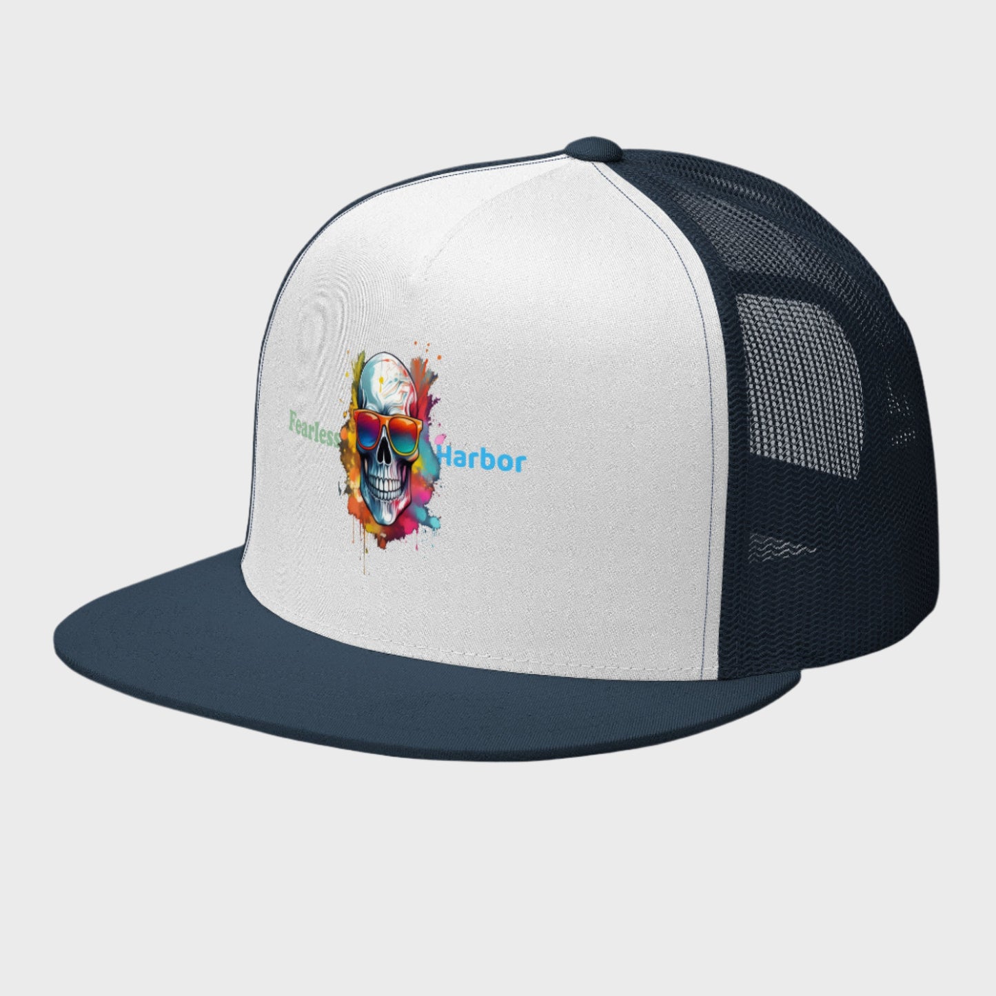 Left Front of Bold Skull Hat in White and Navy with cool skull wearing sunglasses on front and the words Fearless Harbor.