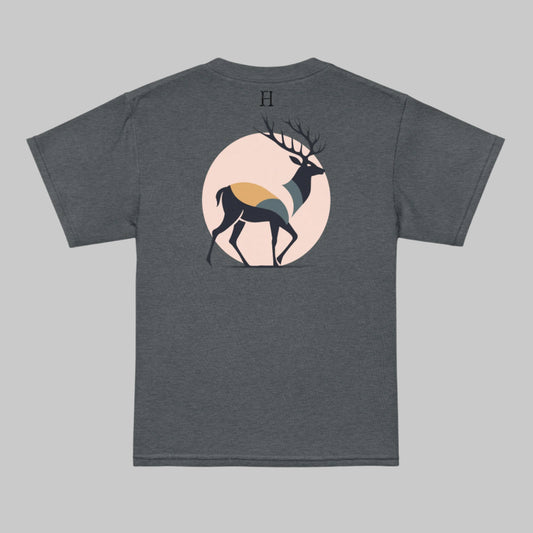 Back of Youth Buck Edition T-shirt in Dark Heather with Deer design.