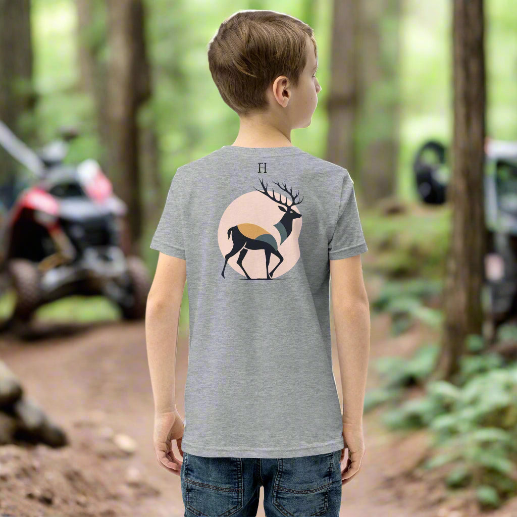 Back of Boy wearing Buck Edition T-shirt in Grey with Deer design.