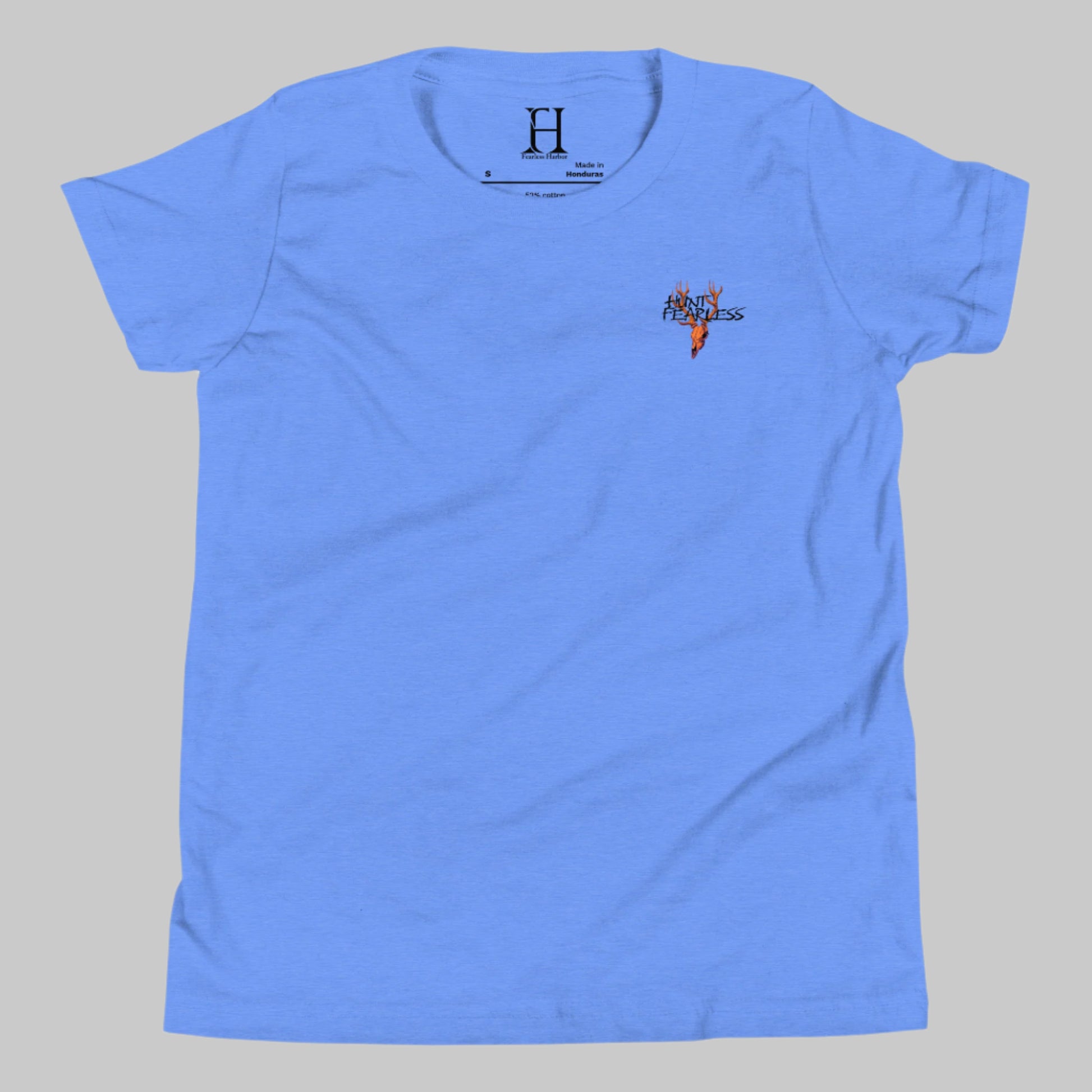 Front of Kids Buck Edition T-Shirt in Blue with deer logo and the words Hunt Fearless.