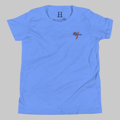 Front of Kids Buck Edition T-Shirt in Blue with deer logo and the words Hunt Fearless.