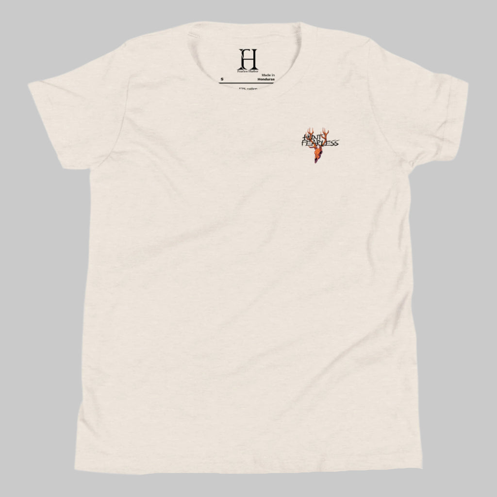 Front of Kids Buck Edition T-Shirt in Dust with deer logo and the words Hunt Fearless.