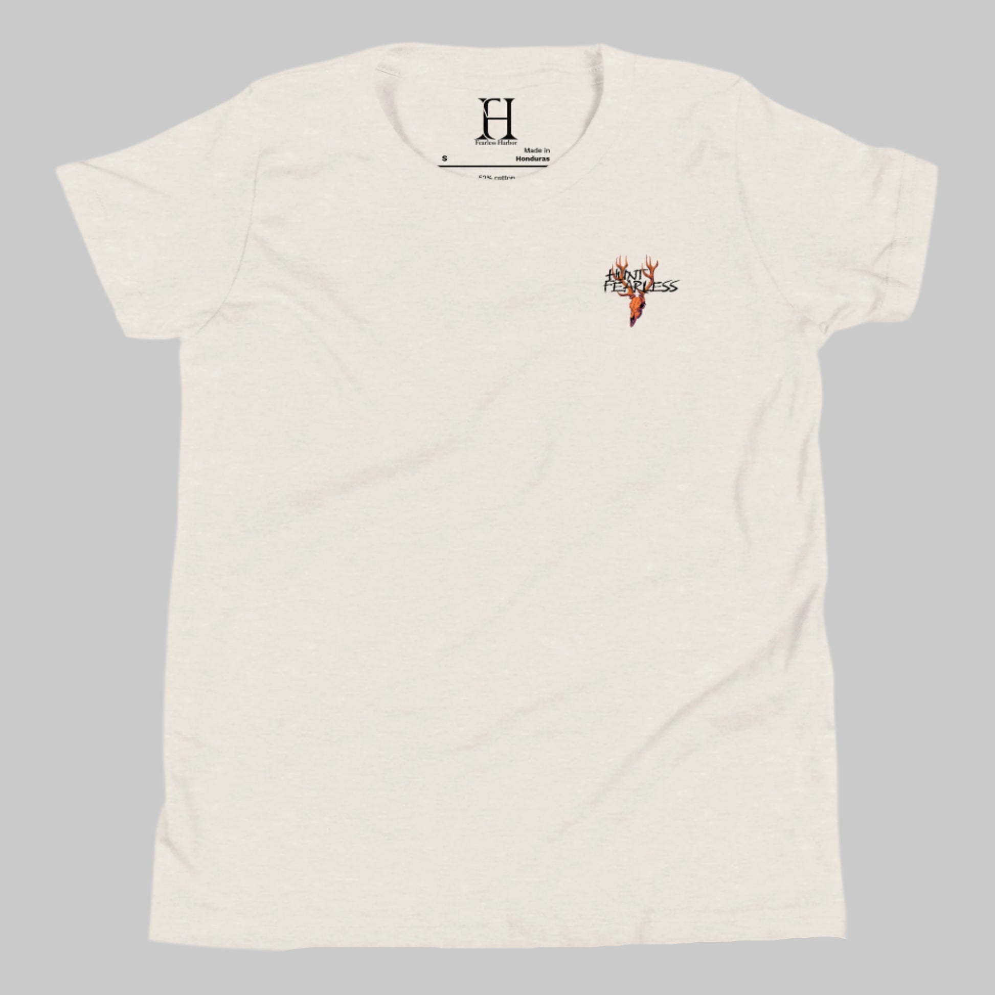 Front of Kids Buck Edition T-Shirt in Dust with deer logo and the words Hunt Fearless.