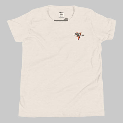 Front of Kids Buck Edition T-Shirt in Dust with deer logo and the words Hunt Fearless.