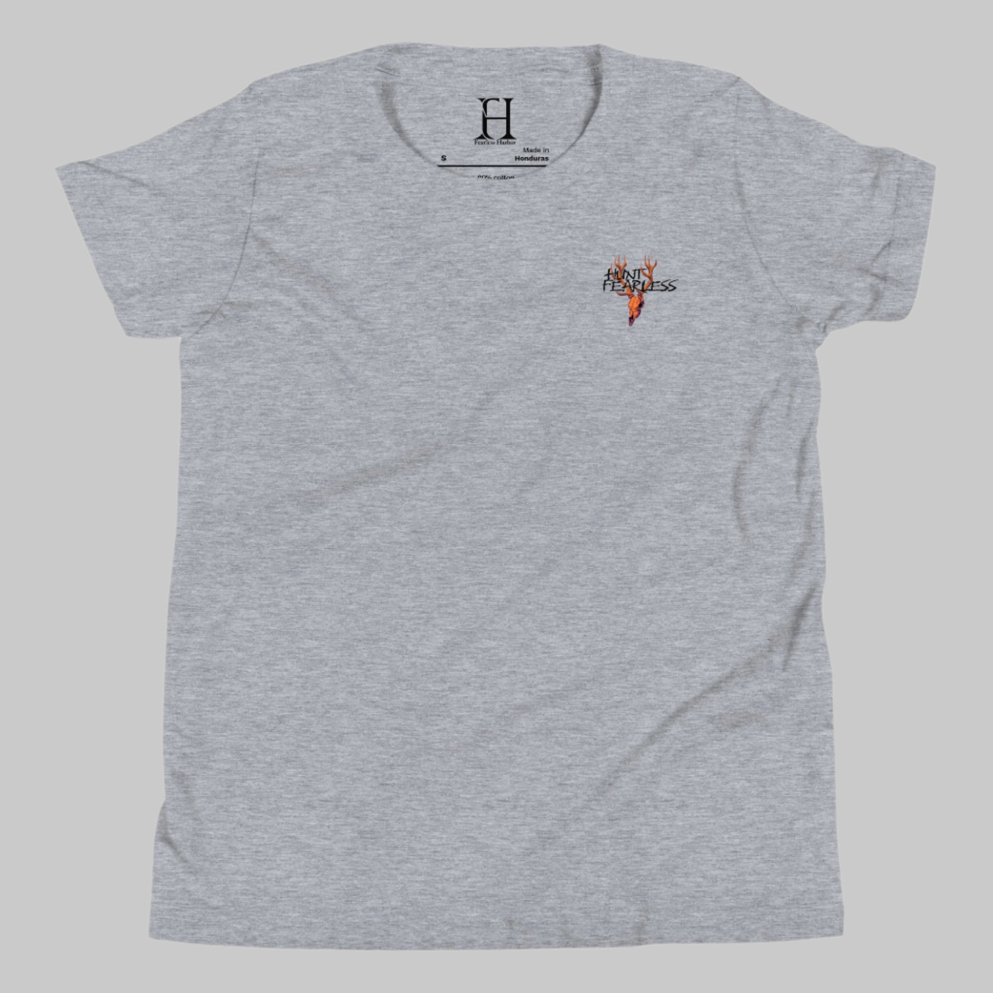 Front of Kids Buck Edition T-Shirt in Grey with deer logo and the words Hunt Fearless.