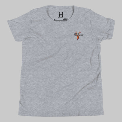 Front of Kids Buck Edition T-Shirt in Grey with deer logo and the words Hunt Fearless.