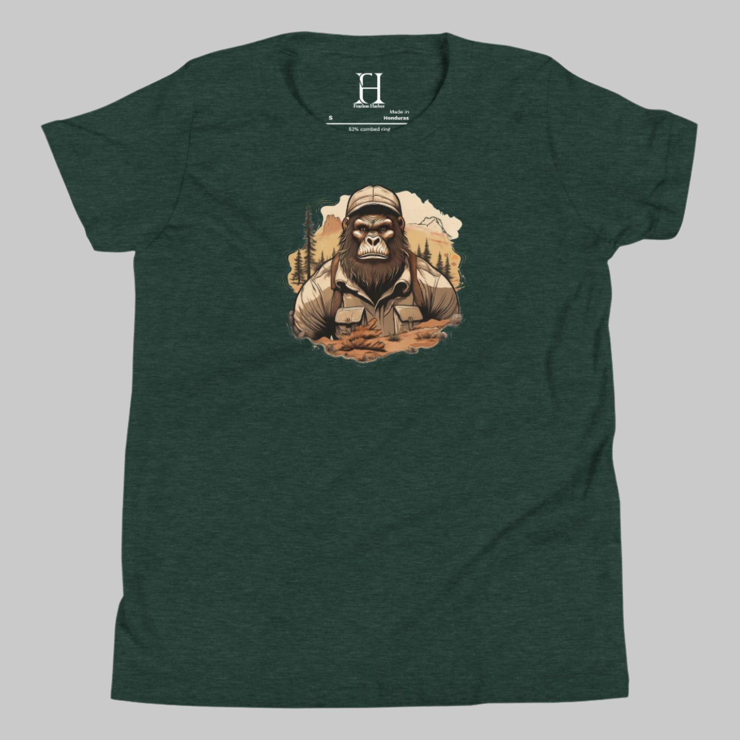 Front of T-shirt in Forest Green with Bigfoot dressed as a Camper Design.