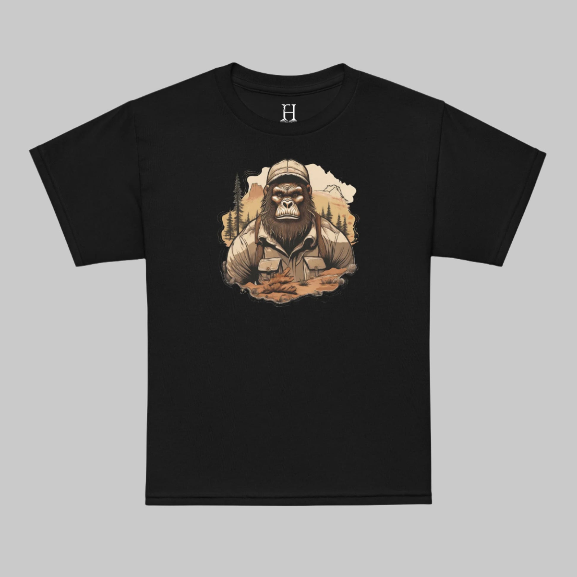 Front of T-shirt in Black with Bigfoot dressed as a Camper Design.