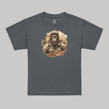 Front of T-shirt in Dark Grey with Bigfoot dressed as a Camper Design.