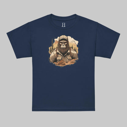 Front of T-shirt in Navy with Bigfoot dressed as a Camper Design.