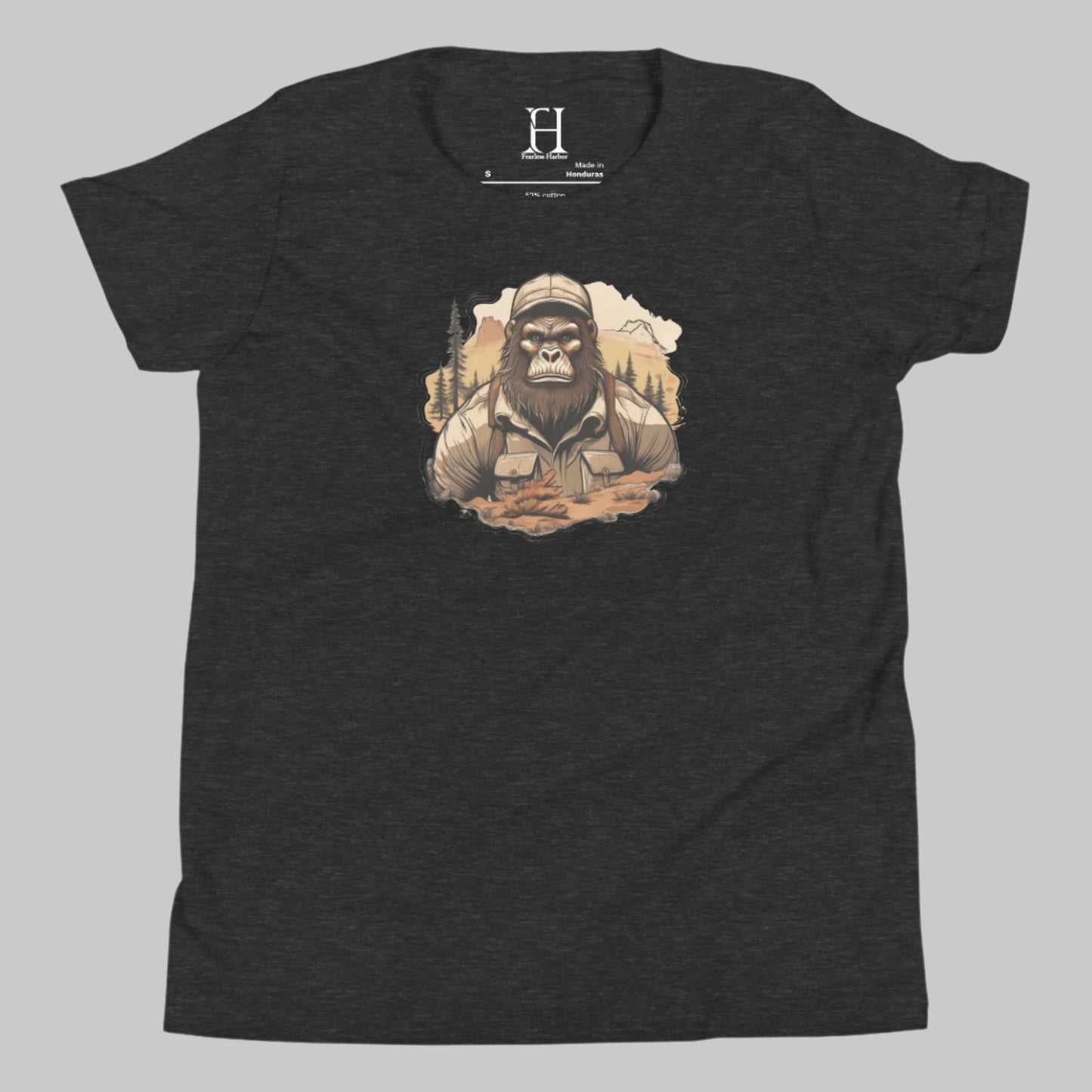 Front of T-shirt in Dark Grey with Bigfoot dressed as a Camper Design.