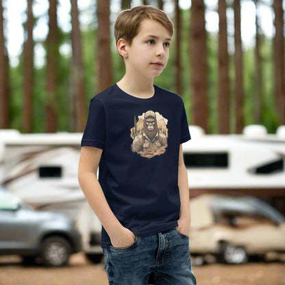 Front of  Boy wearing T-shirt in Navy with Bigfoot dressed as a Camper Design.