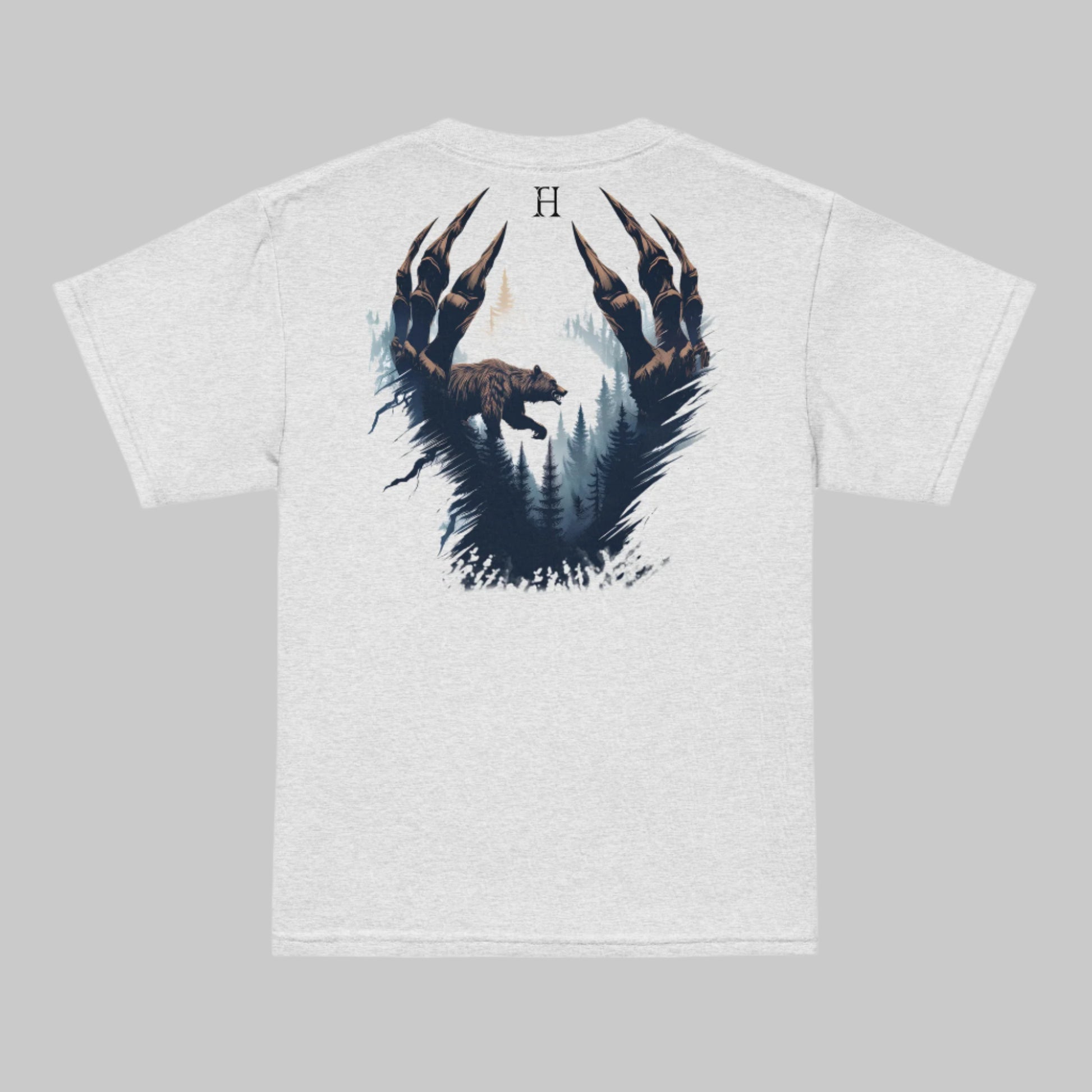 Back of Clawed Through Wild T-shirt in Ash with Bear Claw Forest Design.