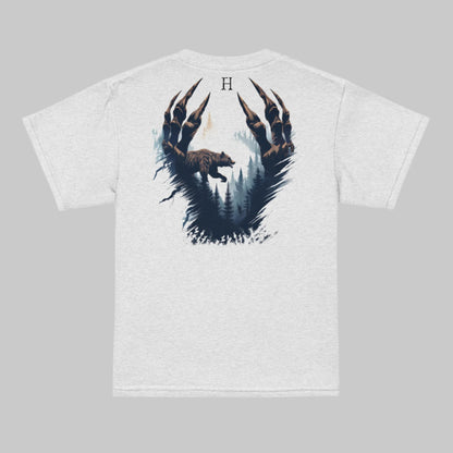 Back of Clawed Through Wild T-shirt in Ash with Bear Claw Forest Design.